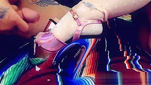 Cumshot on Pink Holo Pleaser Platform Heels with Pink OTK Socks - hdzog.com