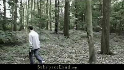 Blonde slave girl ass fucked and dominated in forest BDSM - bdsm.one