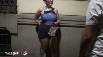 Busty nerd redhead looks for guys to suck in a public street - sunporno.com