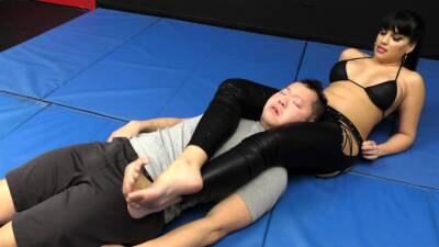 She wrestle him down on the mat and jerks off his cock - drtuber.com