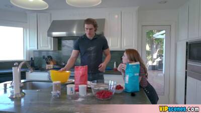 Extra small redhead teen Madie Collins is misbehaving in the kitchen again - sunporno.com