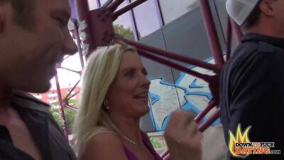 Tina - Sexy Blonde Dirty Milf Tina Swallows 2 Cocks Behind Public Building - upornia.com