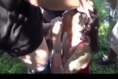 Tatooed Slut Jerking Off Several Guys In The Woods - videomanysex.com