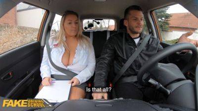 Big-titted fake driving instructor fucks POV-style in fake hub's car - sexu.com