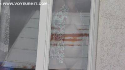 Milf In Bathrobe Without Panties And Bra Washes Window Of Apartment. Nude In Public. Naked In Public. Big Natural Tits Milf - voyeurhit.com