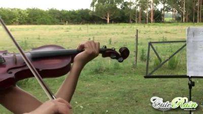 Cute rain strips off outdoors with violin - hotmovs.com