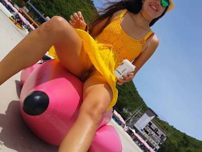 UP Yellow DRESS r NO PANTIES on Public Tropical Beach - youporn.com