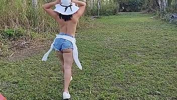 Xania mowing the lawn with a mower in a hot day! - xvideos.com