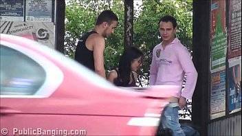 A big natural breasted brunette in public street bus stop threesome orgy gang bang with 2 hung guys with big dicks fucking her with a blowjob and vaginal pussy sex action in front of all the car, bus, and truck drivers and people walking on the street - xvideos.com